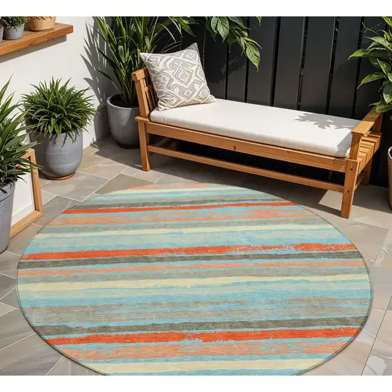 8' Sky Blue Pink And Gray Round Striped Washable Indoor Outdoor Area Rug Photo 1