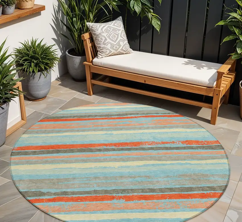 8' Sky Blue Pink And Gray Round Striped Washable Indoor Outdoor Area Rug Photo 1