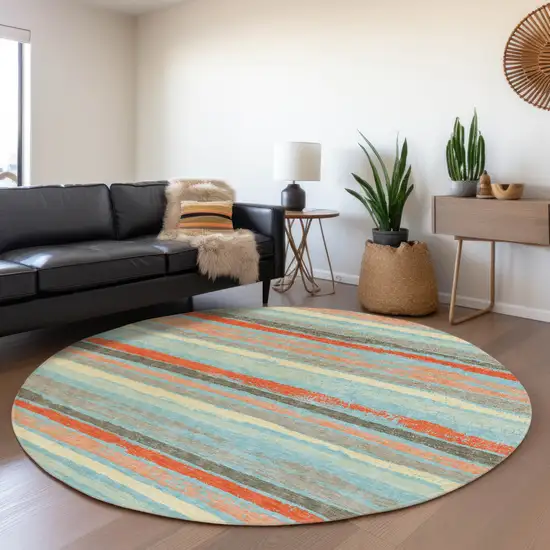 8' Sky Blue Pink And Gray Round Striped Washable Indoor Outdoor Area Rug Photo 8