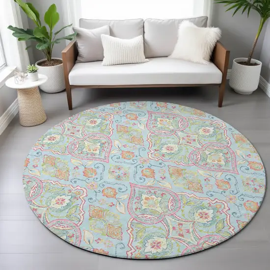 8' Sky Blue Pink And Orange Round Ogee Washable Indoor Outdoor Area Rug Photo 8