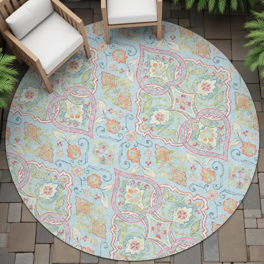 8' Sky Blue Pink And Orange Round Ogee Washable Indoor Outdoor Area Rug Photo 7