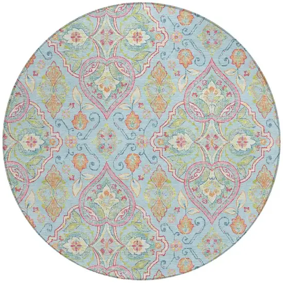8' Sky Blue Pink And Orange Round Ogee Washable Indoor Outdoor Area Rug Photo 3