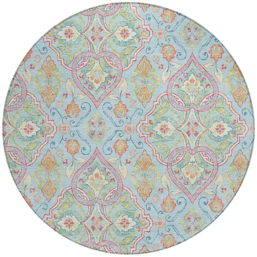 8' Sky Blue Pink And Orange Round Ogee Washable Indoor Outdoor Area Rug Photo 3