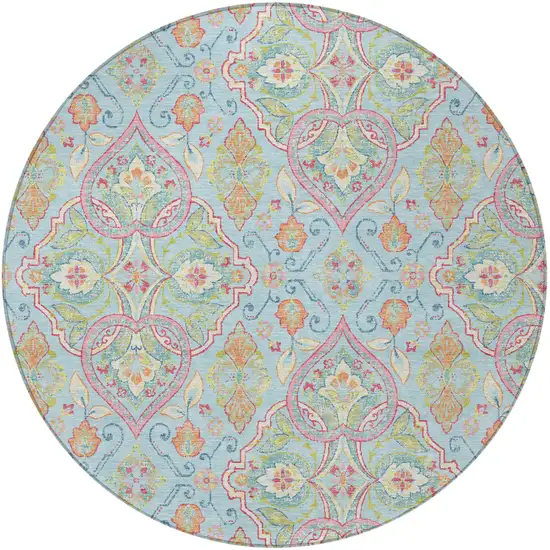 8' Sky Blue Pink And Orange Round Ogee Washable Indoor Outdoor Area Rug Photo 4