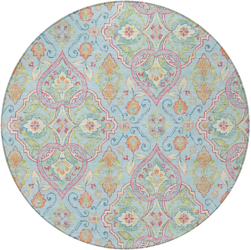 8' Sky Blue Pink And Orange Round Ogee Washable Indoor Outdoor Area Rug Photo 4