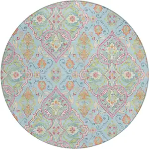 Photo of 8' Sky Blue Pink And Orange Round Ogee Washable Indoor Outdoor Area Rug