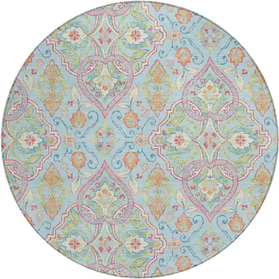 8' Sky Blue Pink And Orange Round Ogee Washable Indoor Outdoor Area Rug Photo 1