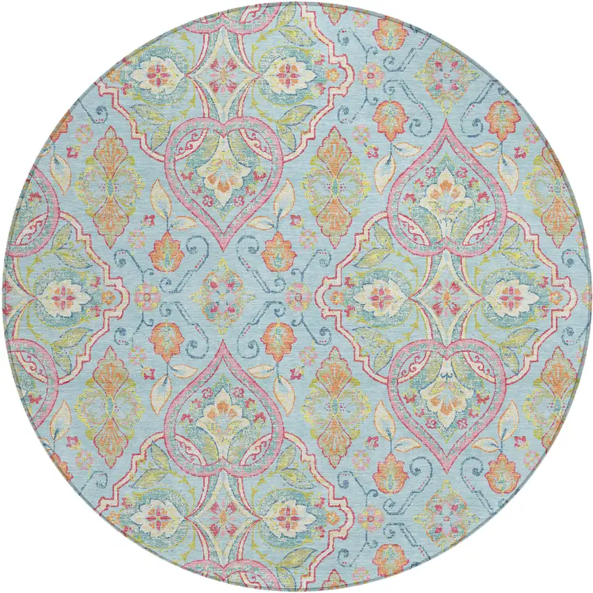 8' Sky Blue Pink And Orange Round Ogee Washable Indoor Outdoor Area Rug Photo 1