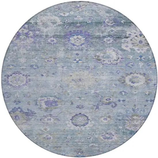 8' Sky Blue Purple And Gray Round Floral Washable Indoor Outdoor Area Rug Photo 2