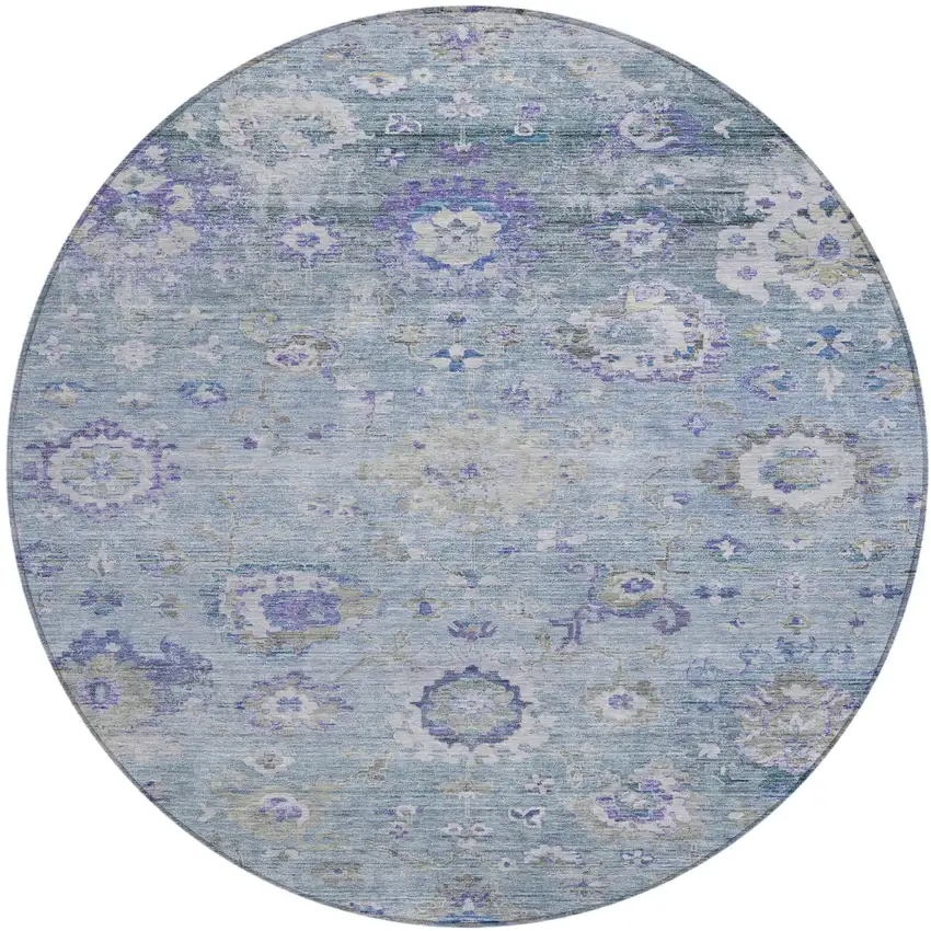 8' Sky Blue Purple And Gray Round Floral Washable Indoor Outdoor Area Rug Photo 2