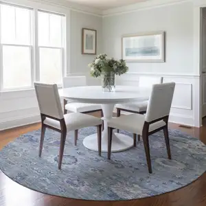 Photo of 8' Sky Blue Purple And Gray Round Floral Washable Indoor Outdoor Area Rug