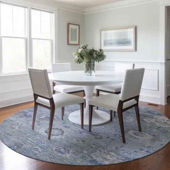 8' Sky Blue Purple And Gray Round Floral Washable Indoor Outdoor Area Rug Photo 9