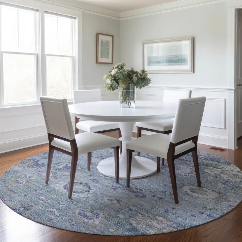 8' Sky Blue Purple And Gray Round Floral Washable Indoor Outdoor Area Rug Photo 9