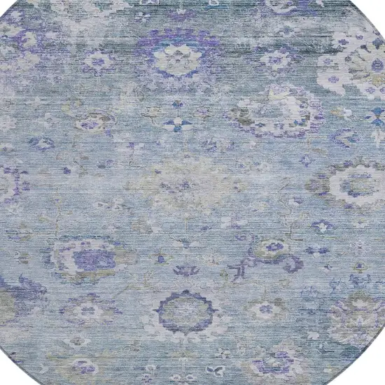 8' Sky Blue Purple And Gray Round Floral Washable Indoor Outdoor Area Rug Photo 6