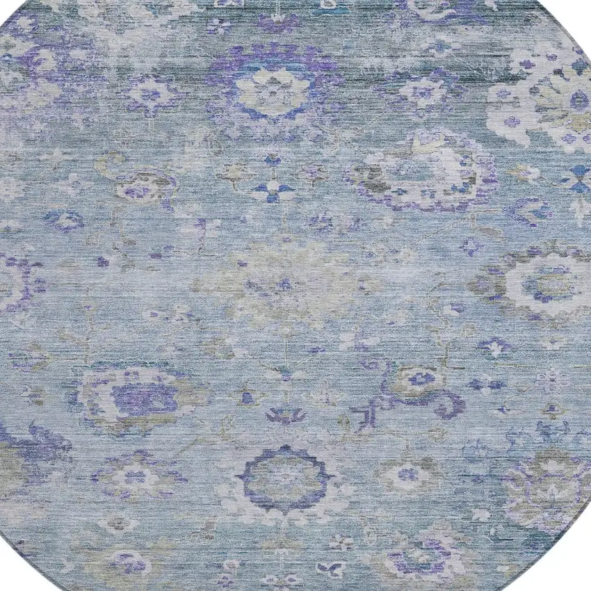 8' Sky Blue Purple And Gray Round Floral Washable Indoor Outdoor Area Rug Photo 6