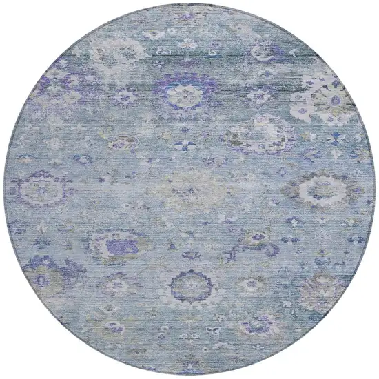 8' Sky Blue Purple And Gray Round Floral Washable Indoor Outdoor Area Rug Photo 7