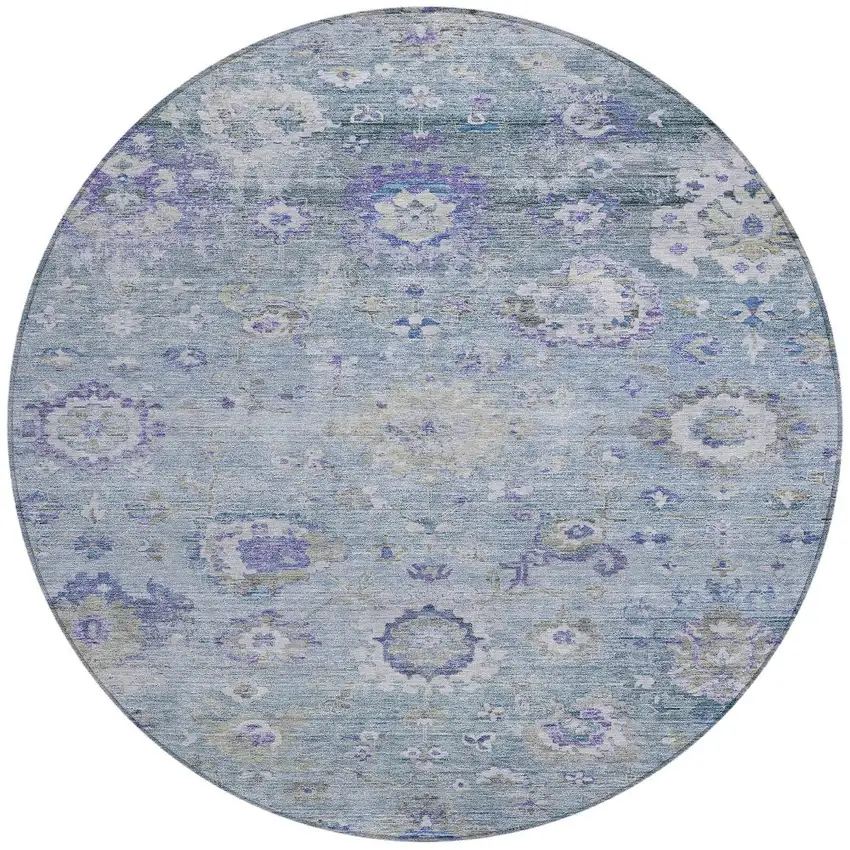 8' Sky Blue Purple And Gray Round Floral Washable Indoor Outdoor Area Rug Photo 7