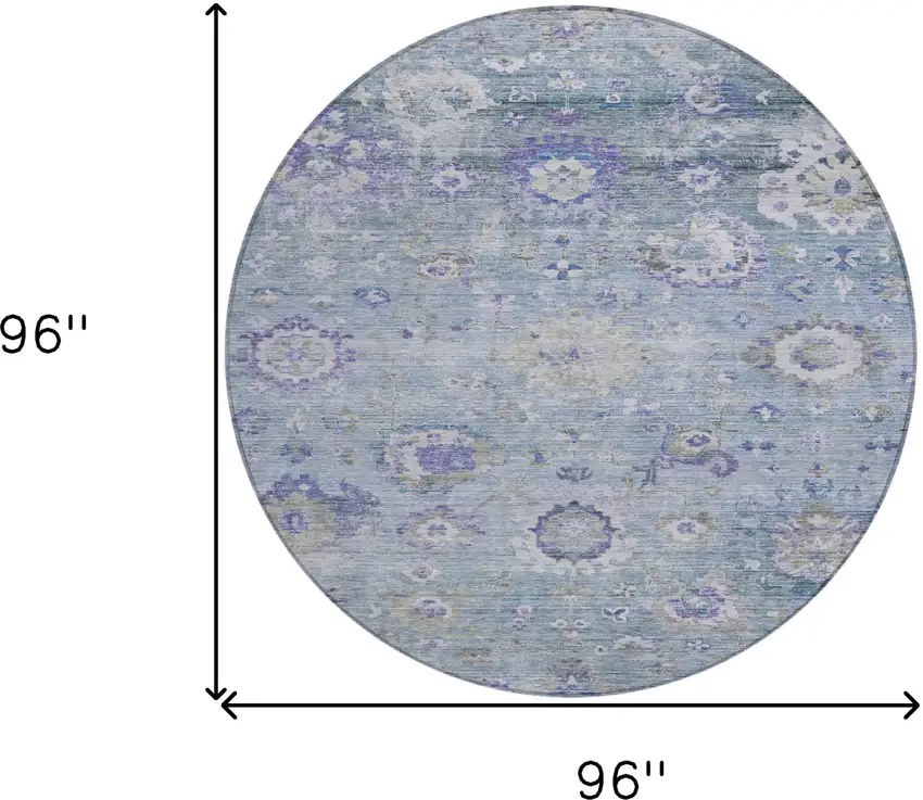 8' Sky Blue Purple And Gray Round Floral Washable Indoor Outdoor Area Rug Photo 8