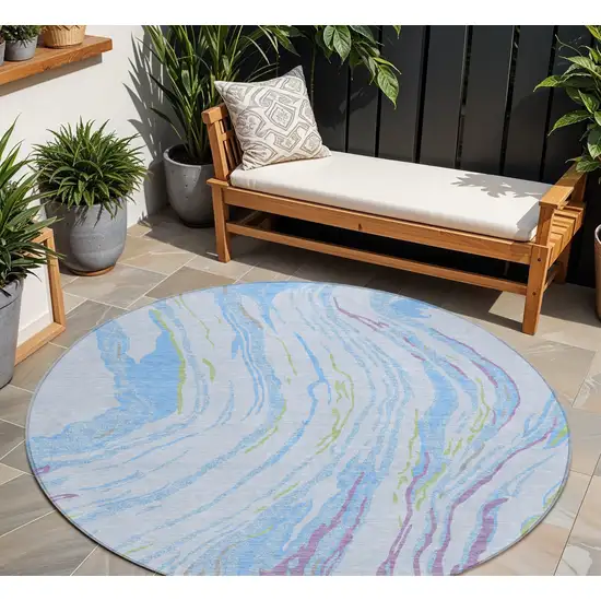 8' Sky Blue Purple And Green Round Abstract Washable Indoor Outdoor Area Rug Photo 1
