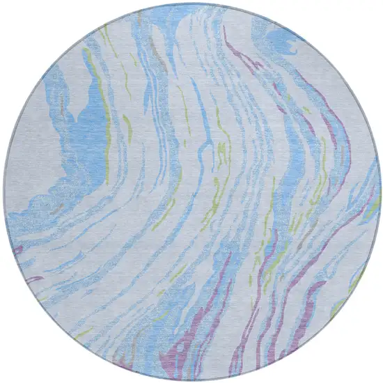 8' Sky Blue Purple And Green Round Abstract Washable Indoor Outdoor Area Rug Photo 2