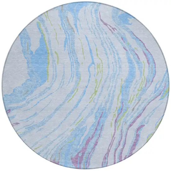 8' Sky Blue Purple And Green Round Abstract Washable Indoor Outdoor Area Rug Photo 6