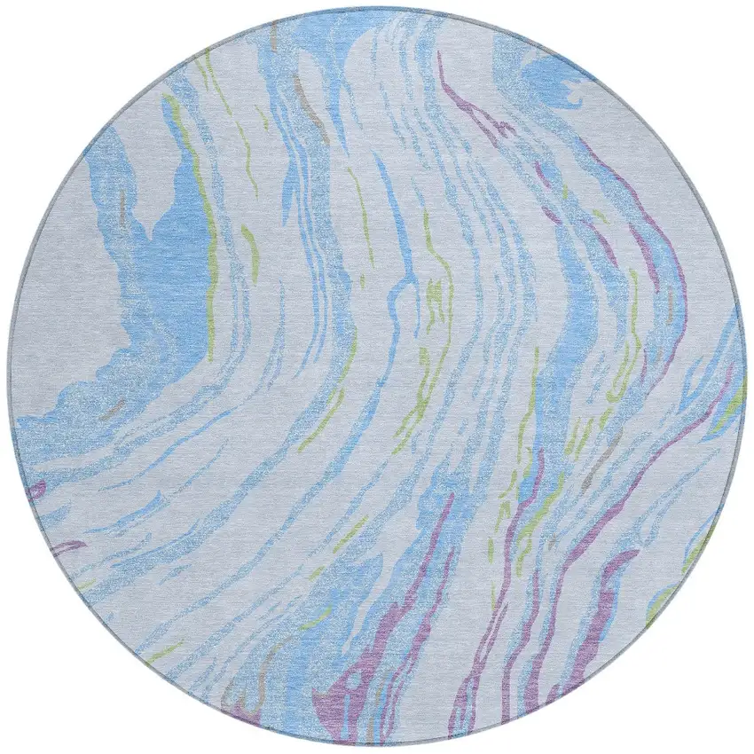 8' Sky Blue Purple And Green Round Abstract Washable Indoor Outdoor Area Rug Photo 6