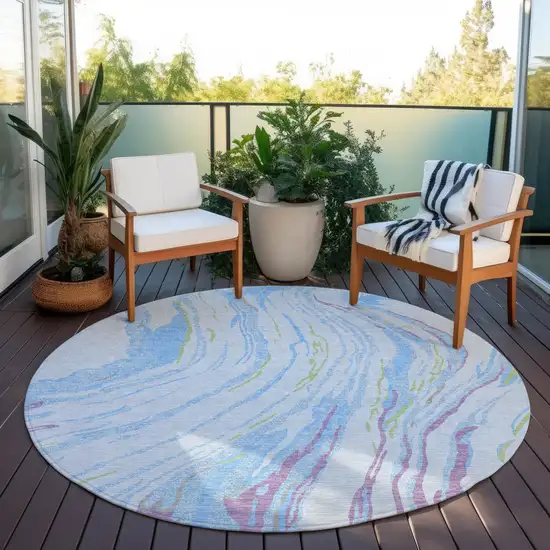 8' Sky Blue Purple And Green Round Abstract Washable Indoor Outdoor Area Rug Photo 7
