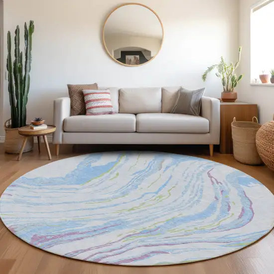 8' Sky Blue Purple And Green Round Abstract Washable Indoor Outdoor Area Rug Photo 8