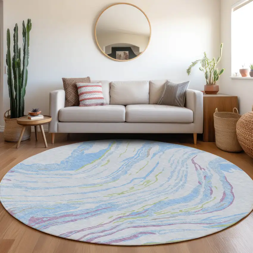 8' Sky Blue Purple And Green Round Abstract Washable Indoor Outdoor Area Rug Photo 8
