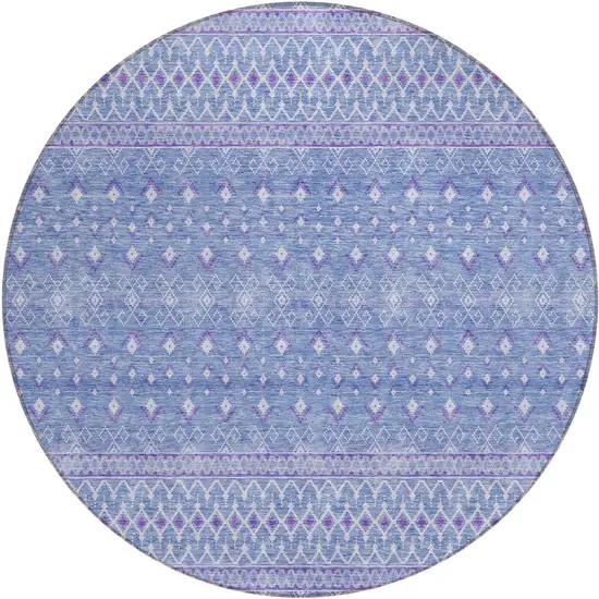 8' Sky Blue Purple And Ivory Round Tribal Washable Indoor Outdoor Area Rug Photo 1
