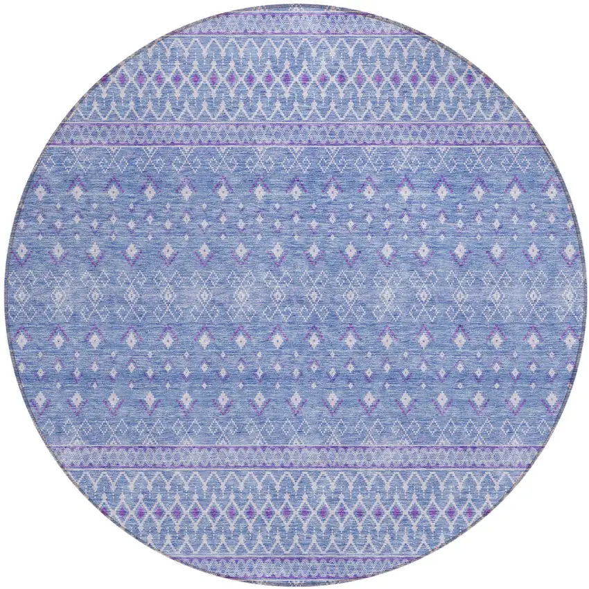 8' Sky Blue Purple And Ivory Round Tribal Washable Indoor Outdoor Area Rug Photo 1