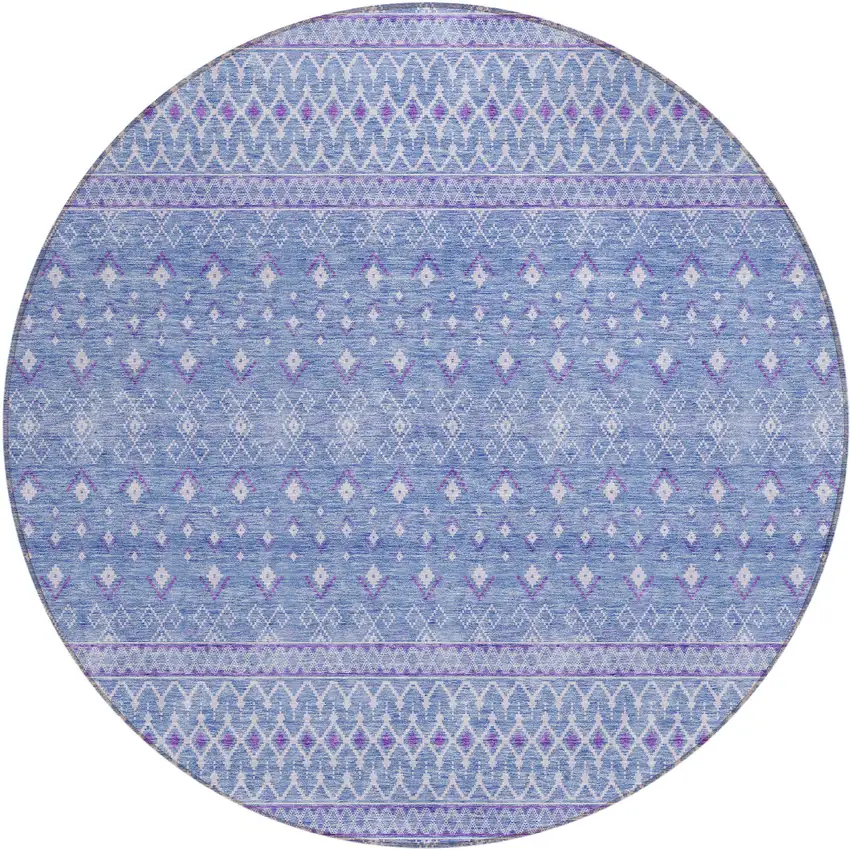 8' Sky Blue Purple And Ivory Round Tribal Washable Indoor Outdoor Area Rug Photo 1