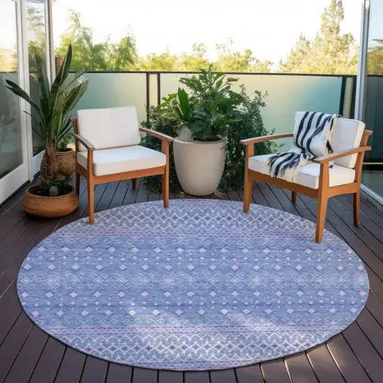 8' Sky Blue Purple And Ivory Round Tribal Washable Indoor Outdoor Area Rug Photo 7