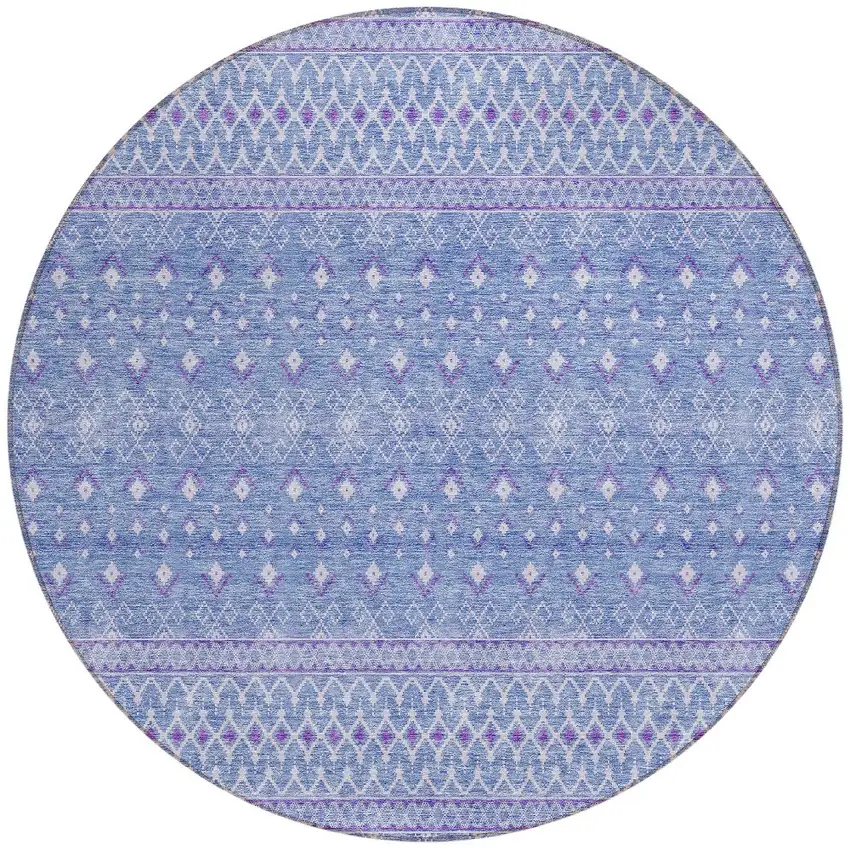 8' Sky Blue Purple And Ivory Round Tribal Washable Indoor Outdoor Area Rug Photo 5