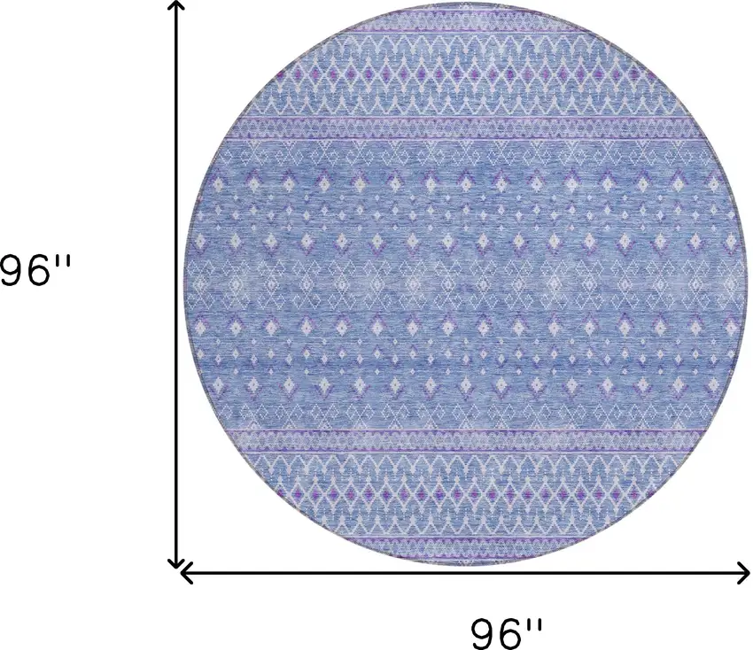 8' Sky Blue Purple And Ivory Round Tribal Washable Indoor Outdoor Area Rug Photo 3