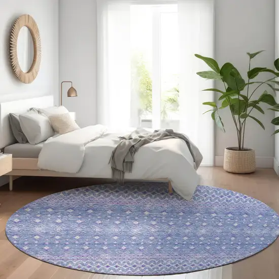 8' Sky Blue Purple And Ivory Round Tribal Washable Indoor Outdoor Area Rug Photo 7