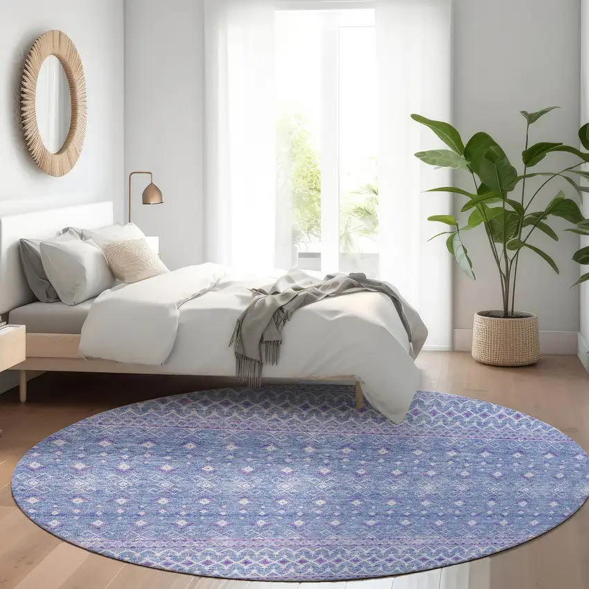 8' Sky Blue Purple And Ivory Round Tribal Washable Indoor Outdoor Area Rug Photo 7