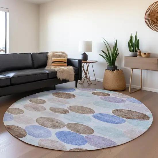 8' Sky Blue Purple And Taupe Round Geometric Washable Indoor Outdoor Area Rug Photo 6