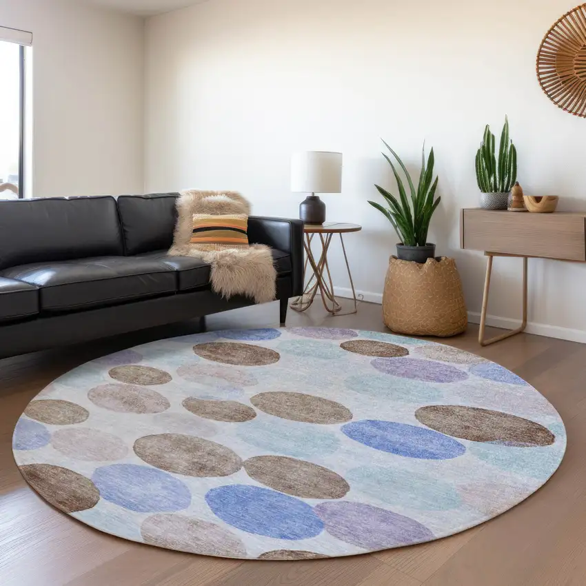 8' Sky Blue Purple And Taupe Round Geometric Washable Indoor Outdoor Area Rug Photo 6