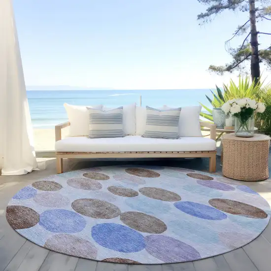 8' Sky Blue Purple And Taupe Round Geometric Washable Indoor Outdoor Area Rug Photo 5
