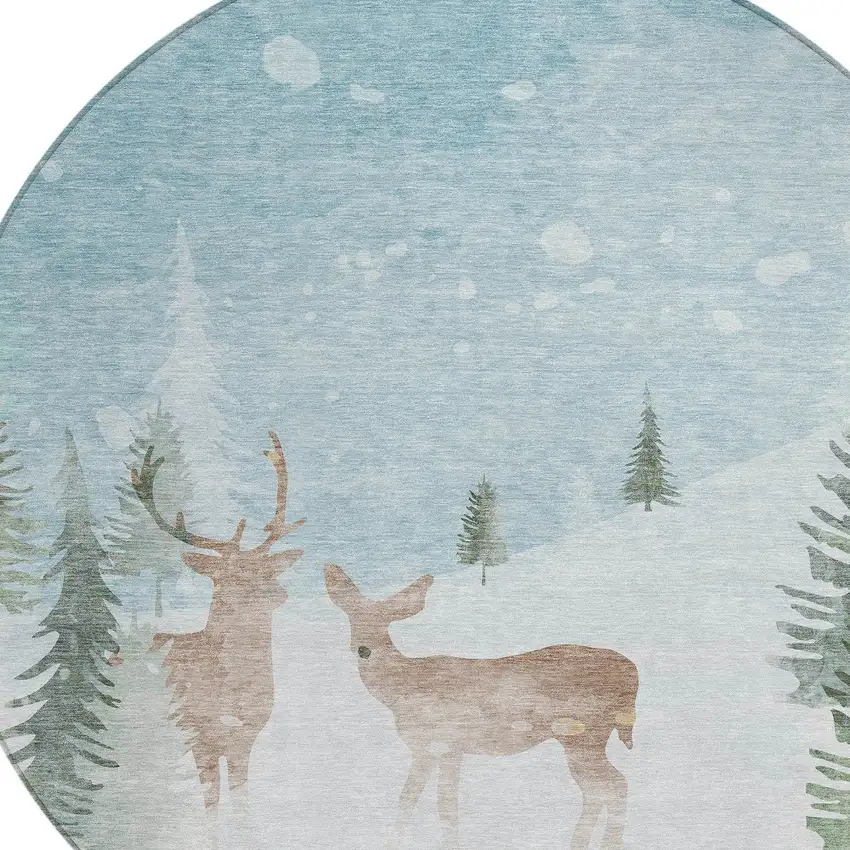 8' Sky Blue Sage Ivory And Khaki Round Animal Print Washable Indoor Outdoor Area Rug Photo 8