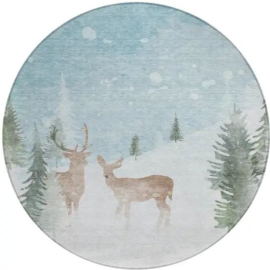 8' Sky Blue Sage Ivory And Khaki Round Animal Print Washable Indoor Outdoor Area Rug Photo 3