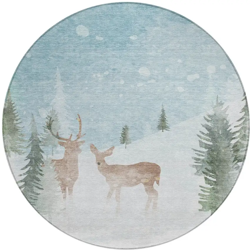 8' Sky Blue Sage Ivory And Khaki Round Animal Print Washable Indoor Outdoor Area Rug Photo 3