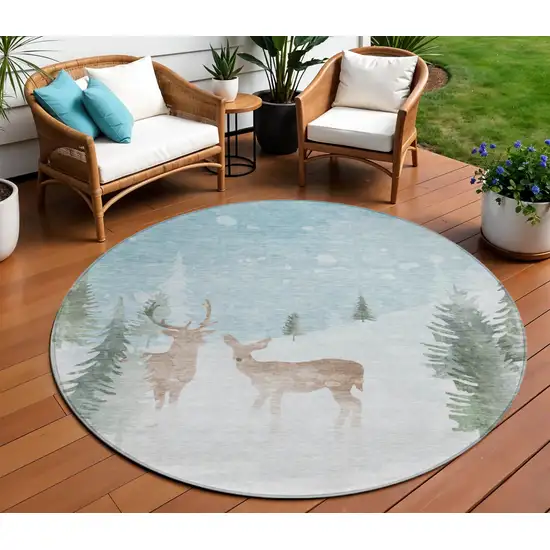 8' Sky Blue Sage Ivory And Khaki Round Animal Print Washable Indoor Outdoor Area Rug Photo 2