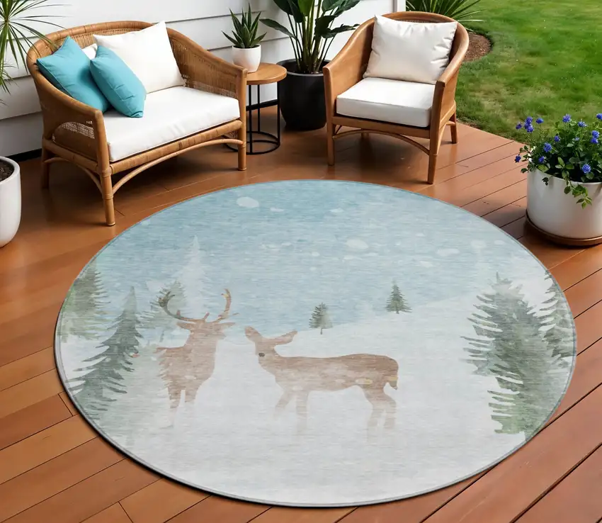 8' Sky Blue Sage Ivory And Khaki Round Animal Print Washable Indoor Outdoor Area Rug Photo 2