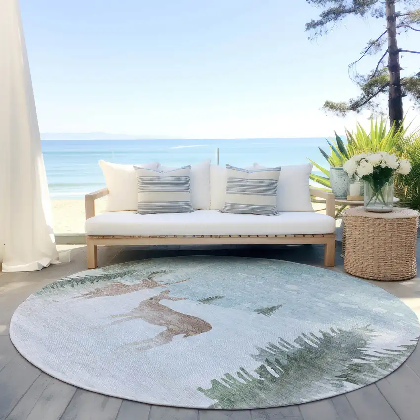 8' Sky Blue Sage Ivory And Khaki Round Animal Print Washable Indoor Outdoor Area Rug Photo 5