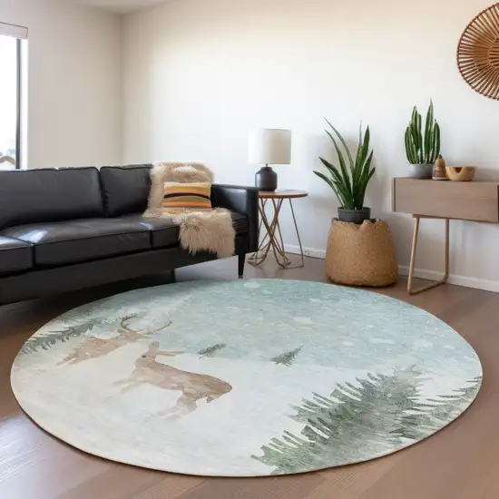 8' Sky Blue Sage Ivory And Khaki Round Animal Print Washable Indoor Outdoor Area Rug Photo 6
