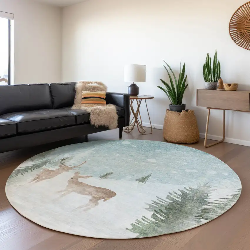 8' Sky Blue Sage Ivory And Khaki Round Animal Print Washable Indoor Outdoor Area Rug Photo 6