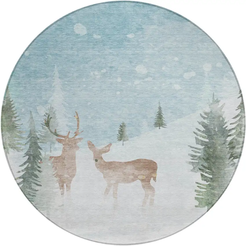 8' Sky Blue Sage Ivory And Khaki Round Animal Print Washable Indoor Outdoor Area Rug Photo 1