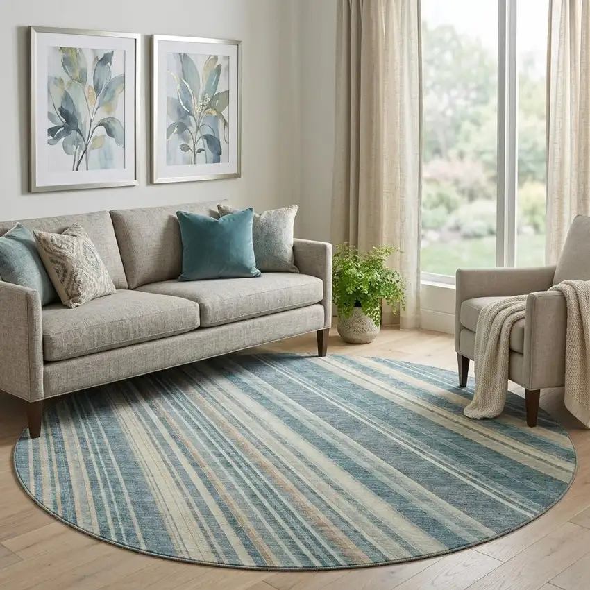 8' Sky Blue Tan And Beige Striped Washable Round Rug With UV Protection Photo 1